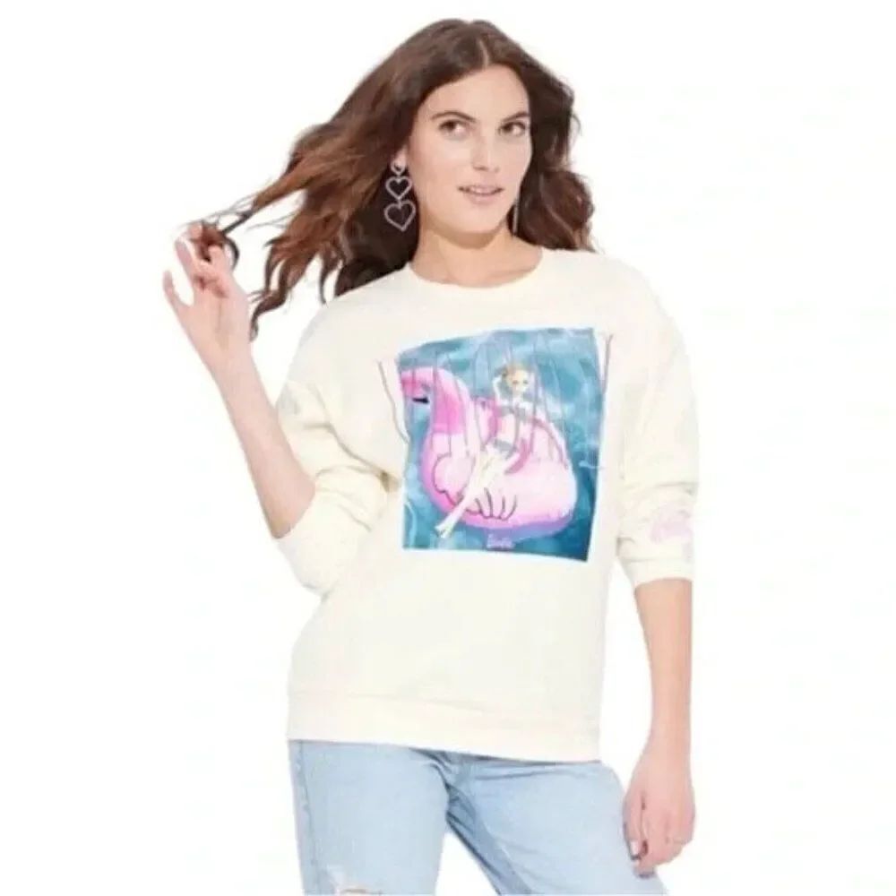 Barbie Womens Vacation Mode Graphic Sweatshirt Off White Extra Small NWOT